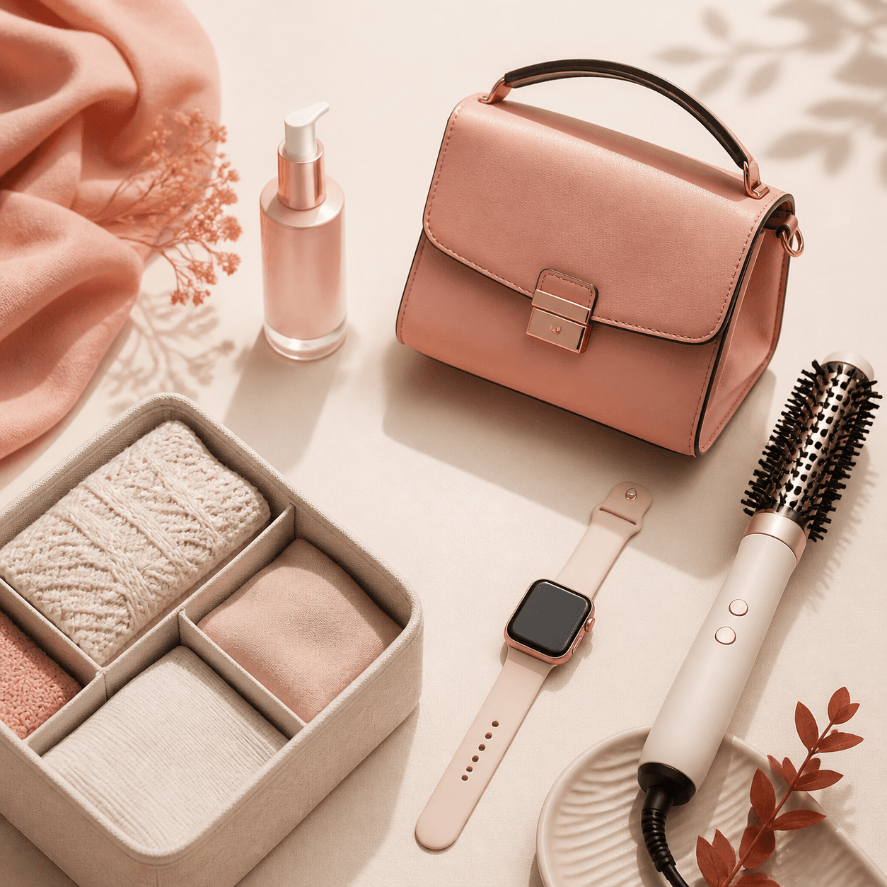 Objetos que representam beleza, moda, organização e tecnologia para a rotina