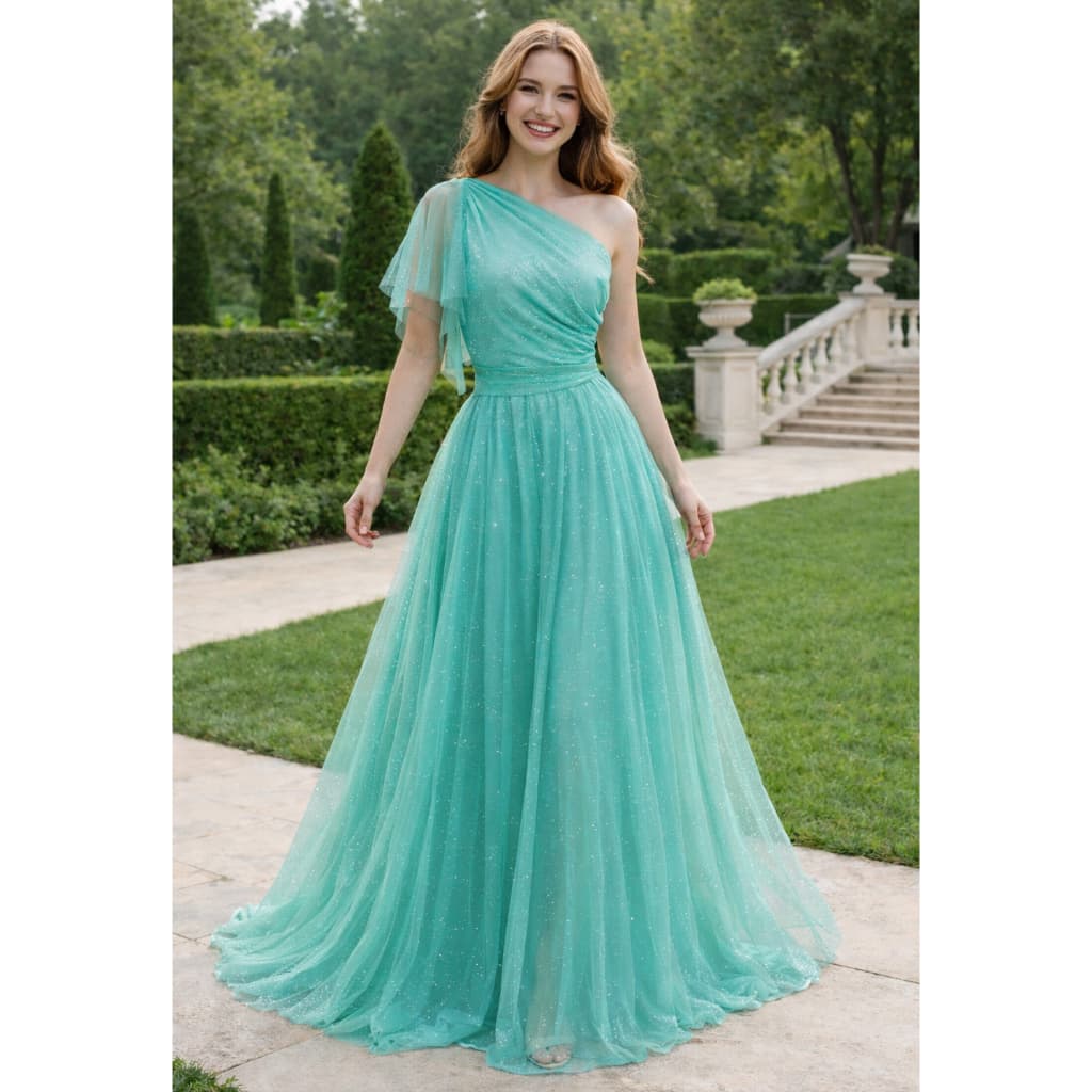 Vestido longo de tule ombro único Ox004